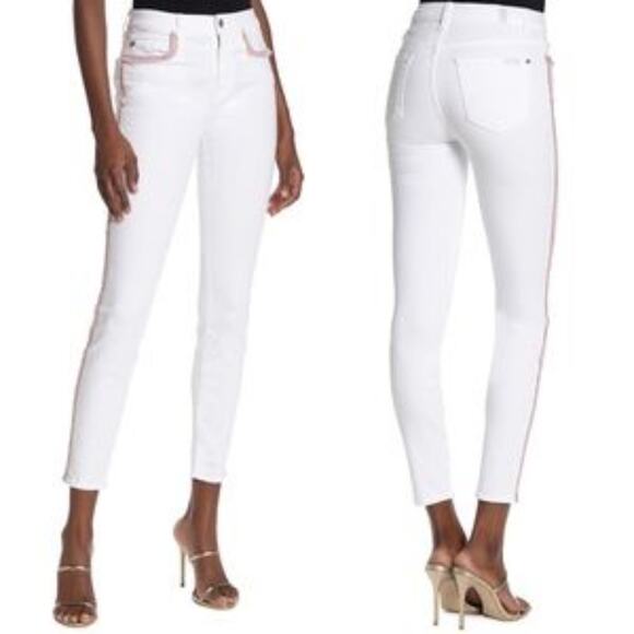 New 7FAMK High Rise 25 Super Skinny Leg Rainbow Fringe Trim White Jean Resort - Picture 15 of 15